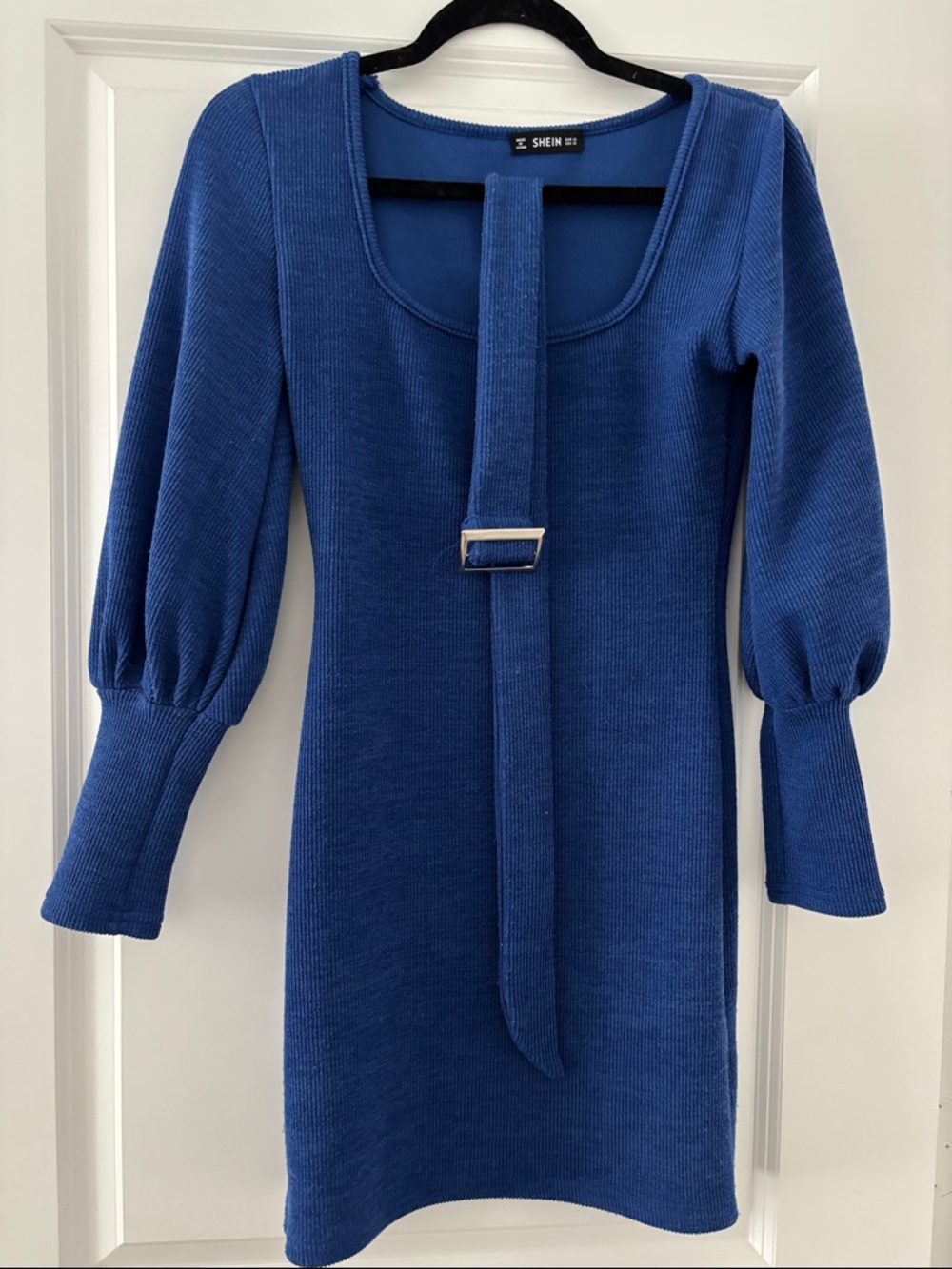 SHEIN Cobalt Blue Knit Belted Long Sleeve Dress - Picture 1 of 2